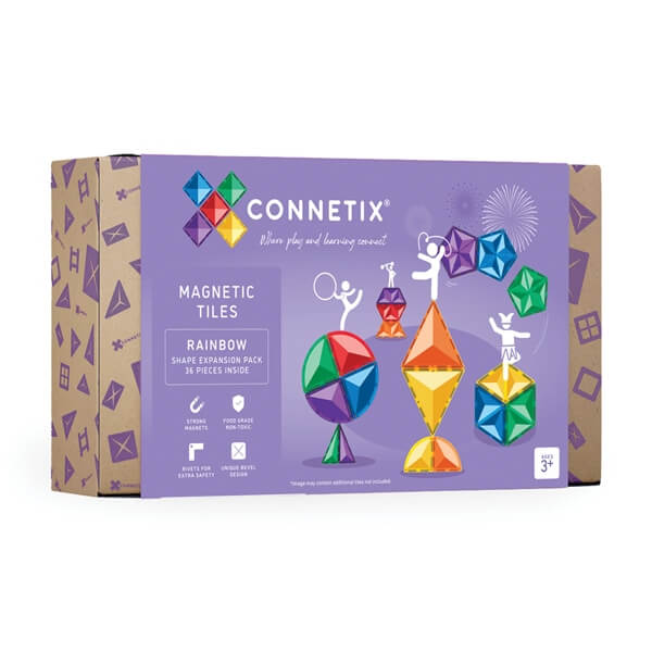 Purple box for 36-piece magnetic tile expansion set featuring rainbow geometric shapes and acrobatic stick figures.