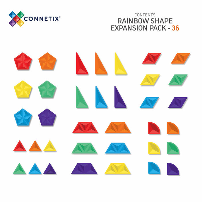 36 faceted magnetic building tiles in rainbow colors, featuring pentagons, triangles, trapezoids, and quarter circles.