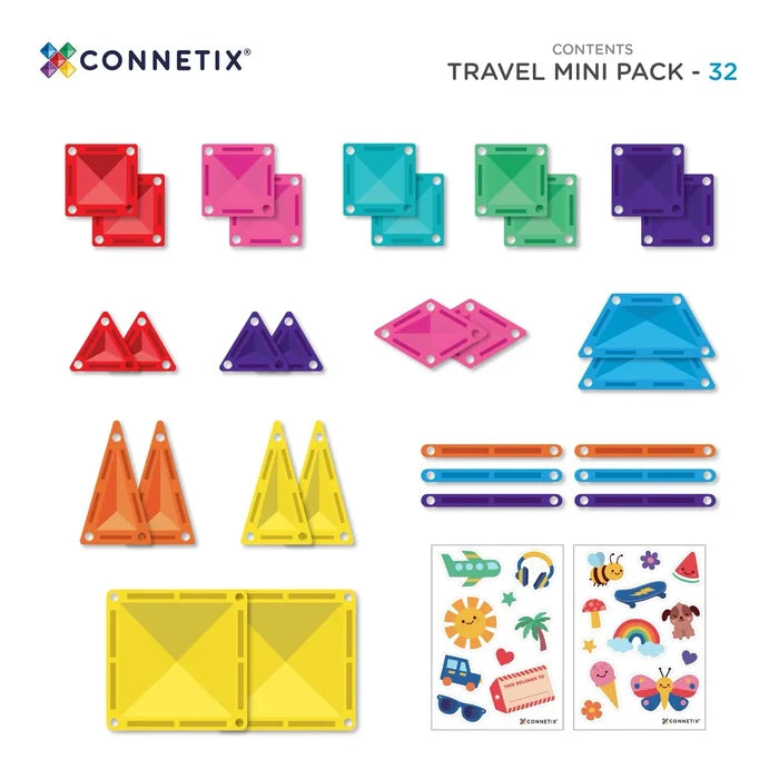 Overview of 32 colorful magnetic squares, triangles, bars, and diamonds shown with two illustrated sticker sheets.