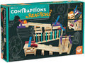 Teal box for KEVA wooden building set showing a chain-reaction course with planks, a toy car, balls, and a bell.