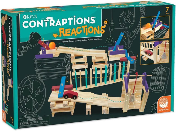 Teal box for KEVA wooden building set showing a chain-reaction course with planks, a toy car, balls, and a bell.