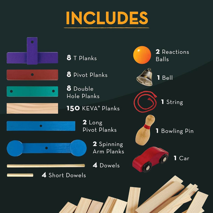Diagram of contents: 150 wooden planks, colorful specialty planks, dowels, balls, bell, bowling pin, and red toy car.