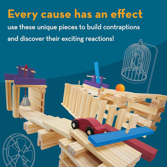 Intricate wooden plank machine with a red toy car, orange ball, and silver bell on a teal background.