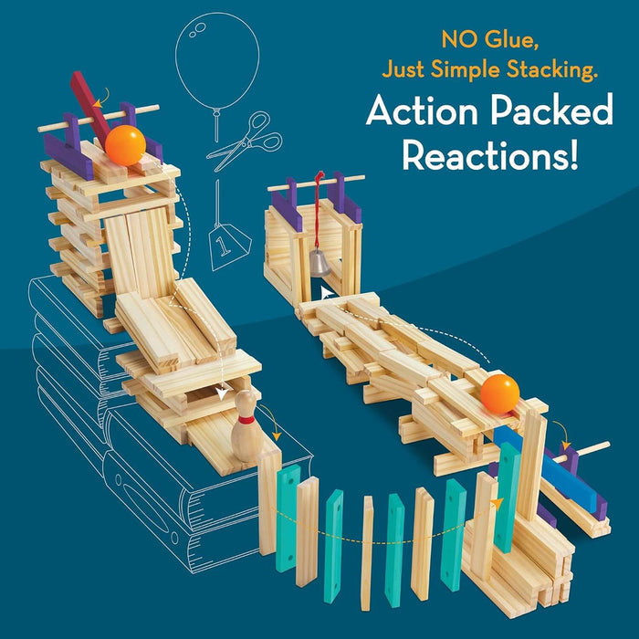 Wooden building planks forming a complex chain reaction machine with teal dominoes, orange balls, and a bell.