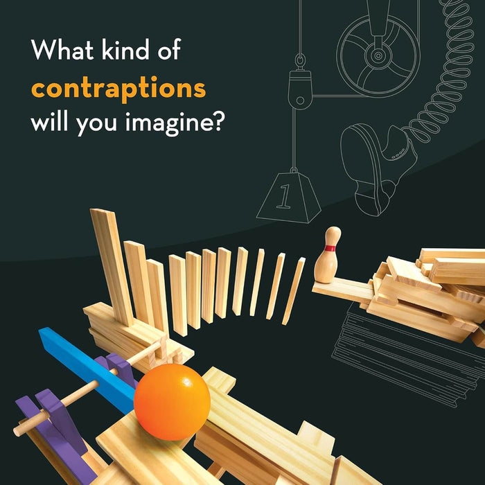 Wooden building blocks, an orange ball, and a bowling pin create a chain reaction machine against a dark background.