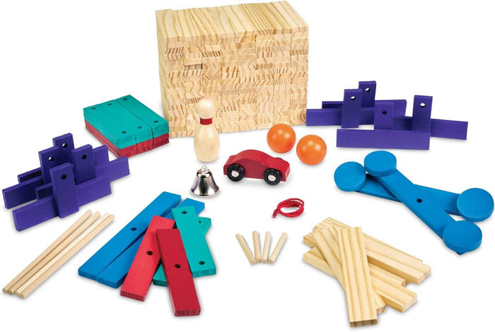 Variety of natural and colored wooden planks, blocks, orange balls, red toy car, silver bell, and blue lever pieces.
