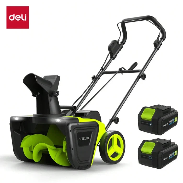 Cordless Snow Blower with Batteries & Charger Included by Deli, featuring Steelite model, displayed with two rechargeable batteries on the side