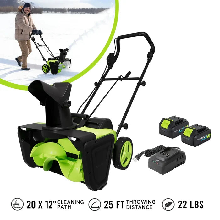 Cordless Snow Blower with Batteries & Charger Included, 20x12 in. cleaning path, 25 ft. throwing distance, 22 lbs, brand Deli