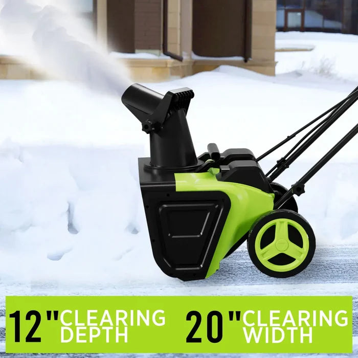 Cordless Snow Blower with Batteries & Charger Included showcasing 12-inch clearing depth and 20-inch width against a snowy backdrop.