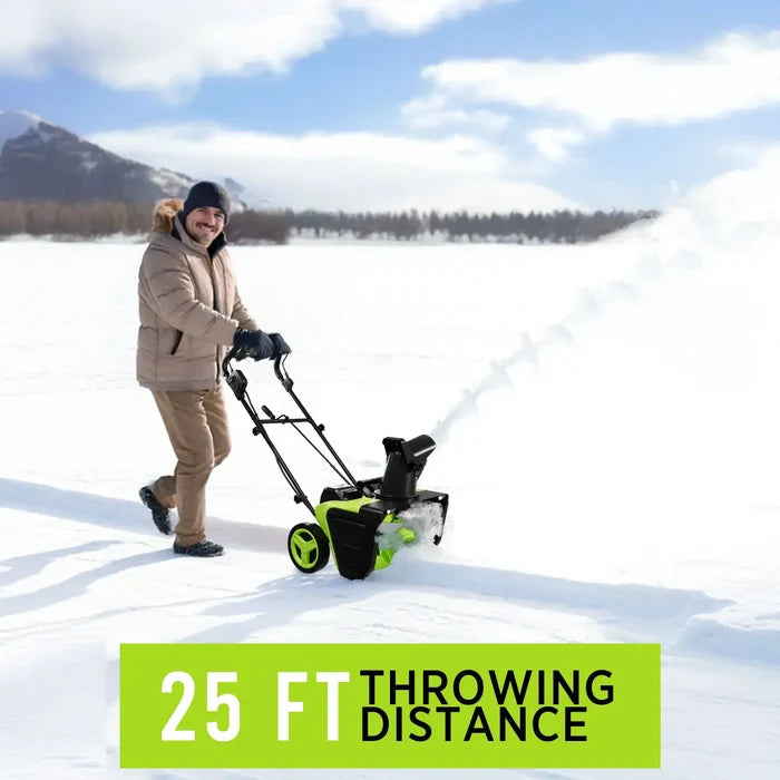 Person using Cordless Snow Blower with Batteries & Charger Included on snow with 25 ft throwing distance