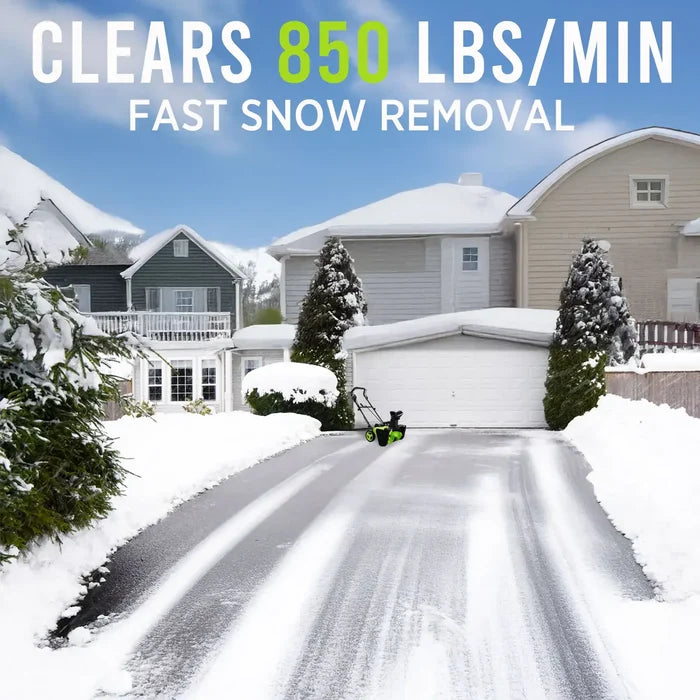 Cordless Snow Blower with Batteries & Charger Included clearing snow quickly from a driveway, showcasing 850 lbs/min capacity.