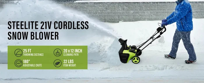 Cordless Snow Blower with Batteries & Charger Included, 21V Steelite model, 25 ft. throwing distance, adjustable chute, 22 lbs weight