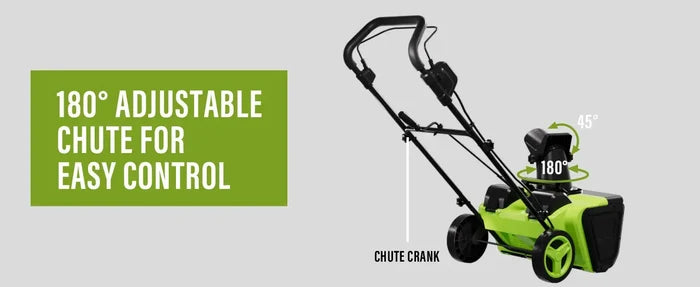 Cordless Snow Blower with Batteries & Charger Included featuring a 180° adjustable chute for easy control.