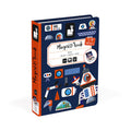 Blue book-shaped toy box with orange spine and retro-style space illustrations of rockets, astronauts, and robots.
