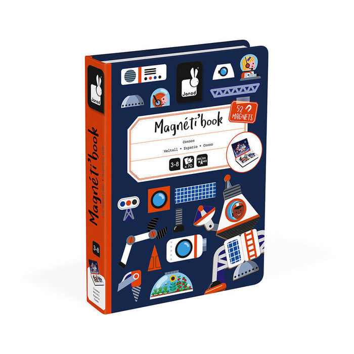 Blue book-shaped toy box with orange spine and retro-style space illustrations of rockets, astronauts, and robots.