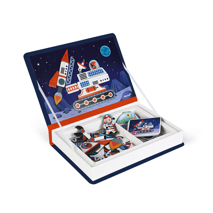 Open book-shaped toy with a magnetic space scene lid and compartments for space-themed magnets and cards.