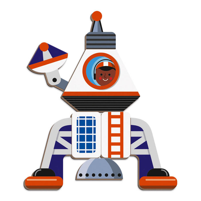 Magnetic toy assembly of an astronaut in a white and orange robot spacecraft with blue legs and a satellite arm.