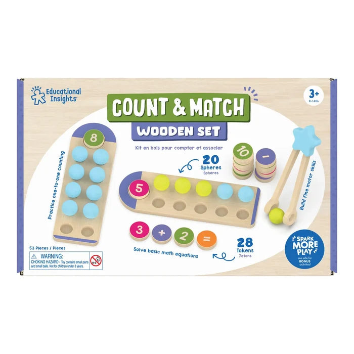 Educational toy box with wooden counting boards, colorful spheres, number tokens, and star-shaped wooden tongs.