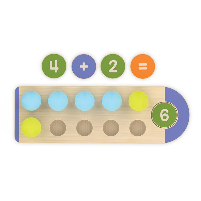 Wooden toy showing 4+2=6 with colorful circular tiles and matching blue and green pegs on a wooden counting board.