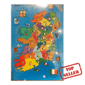 Colorful wooden map puzzle of Ireland showing labeled counties with sports flags and provincial crests.