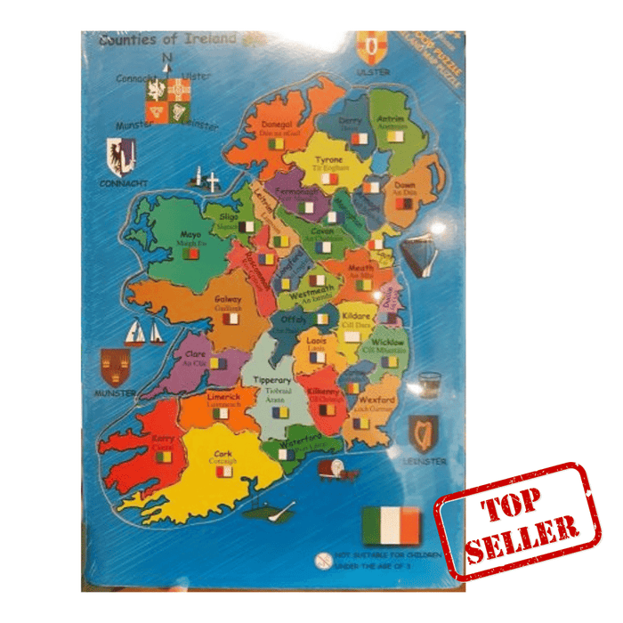 Colorful wooden map puzzle of Ireland showing labeled counties with sports flags and provincial crests.