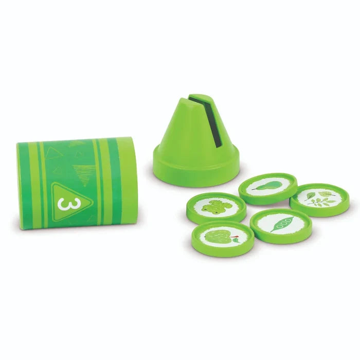 Green toy crayon numbered 3 with a cone-shaped lid and five green tokens featuring nature-themed illustrations.