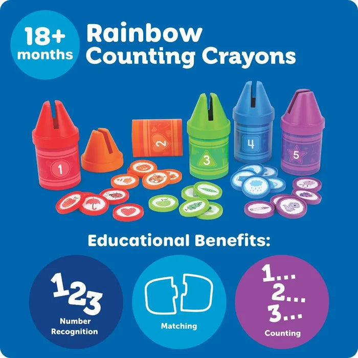 Five numbered, crayon-shaped containers in rainbow colors with matching circular tokens on a blue background.