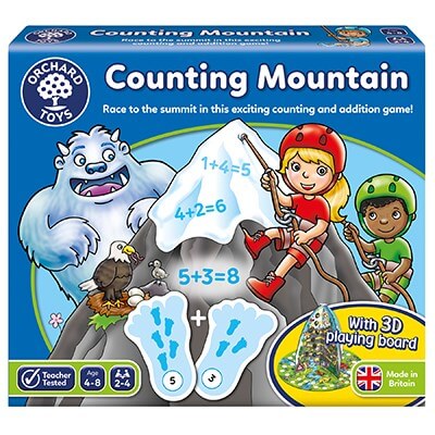 Colorful box showing a white yeti and children climbing a mountain with addition sums on snowy footprints.
