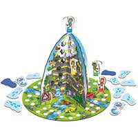 3D mountain board game with a green circular base, character climber tokens, and snowy peak counting tiles.