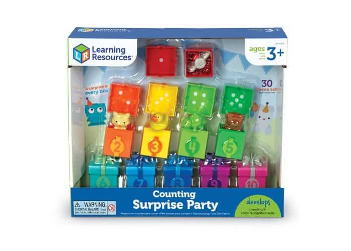 Counting Surprise Party toy set with 10 colorful, numbered gift boxes revealing hidden animal figures.
