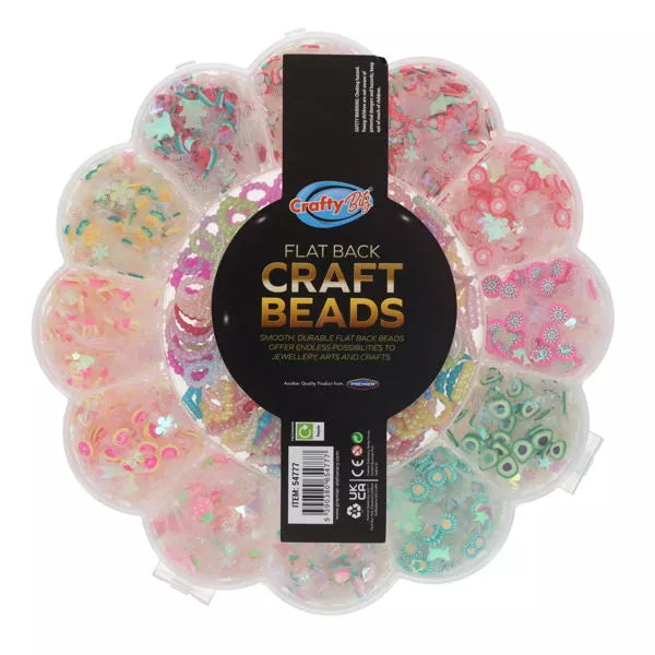 Clear flower-shaped organizer filled with assorted colorful flat back craft beads in fruit and geometric shapes.