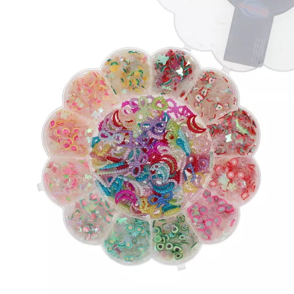 Flower-shaped clear container filled with colorful flat back craft beads in fruit, moon, and star shapes.