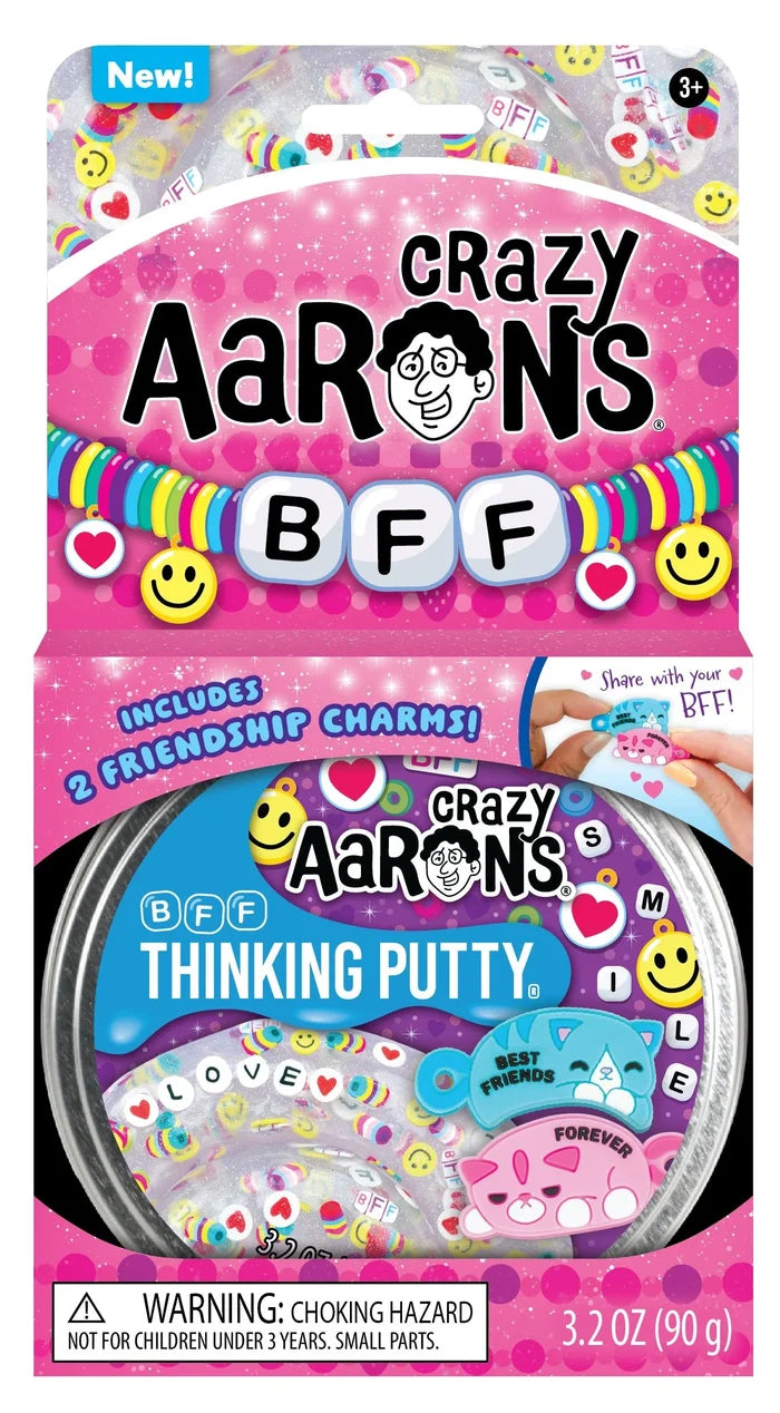 Clear putty tin filled with colorful beads and smiley faces. Includes two interlocking cat-shaped friendship charms.