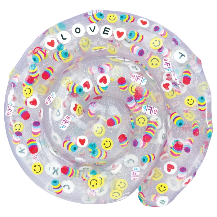 Sparkly clear lavender putty swirled with smiley faces, hearts, colorful beads, and BFF letter charms.