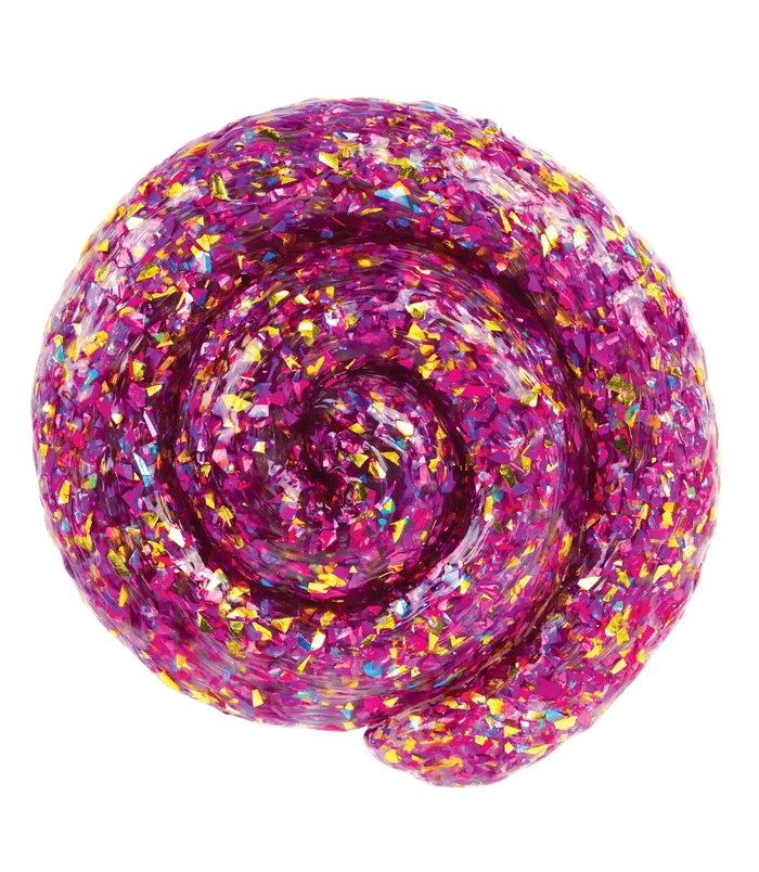 Spiral swirl of translucent purple putty filled with multi-colored gold, blue, and pink iridescent glitter.