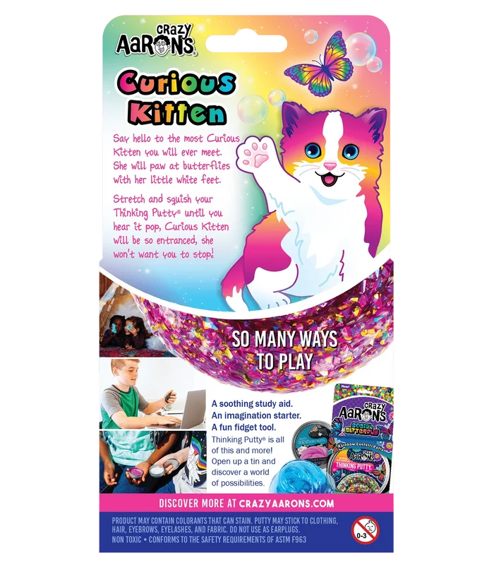 Crazy Aaron's Curious Kitten packaging with a pink cartoon cat and sparkly purple and gold confetti putty.