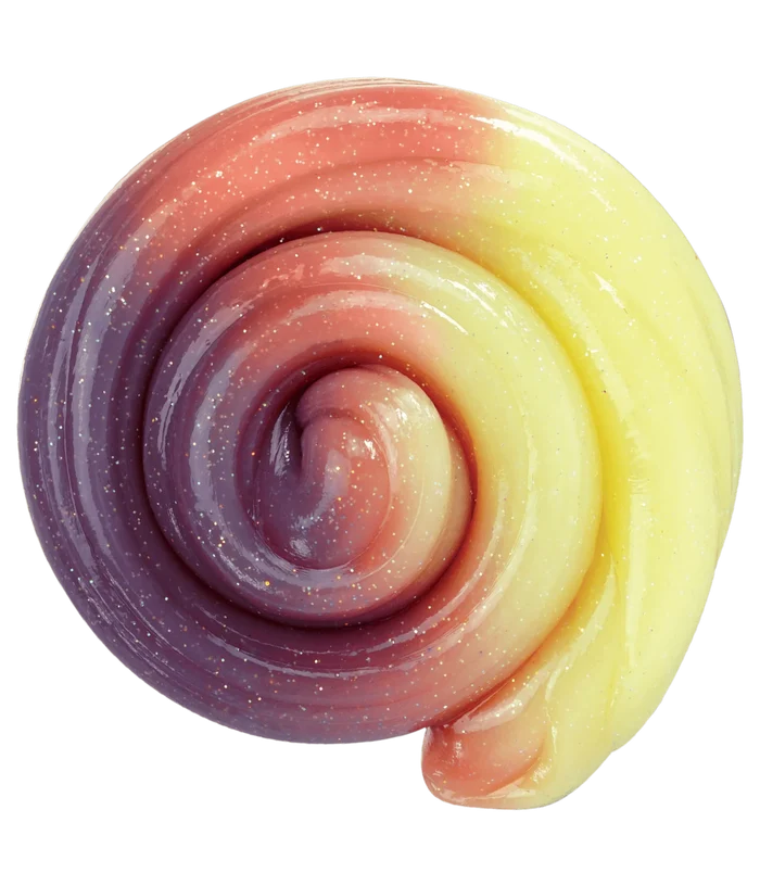 A thick spiral swirl of translucent purple, pink, and yellow putty infused with fine glitter.
