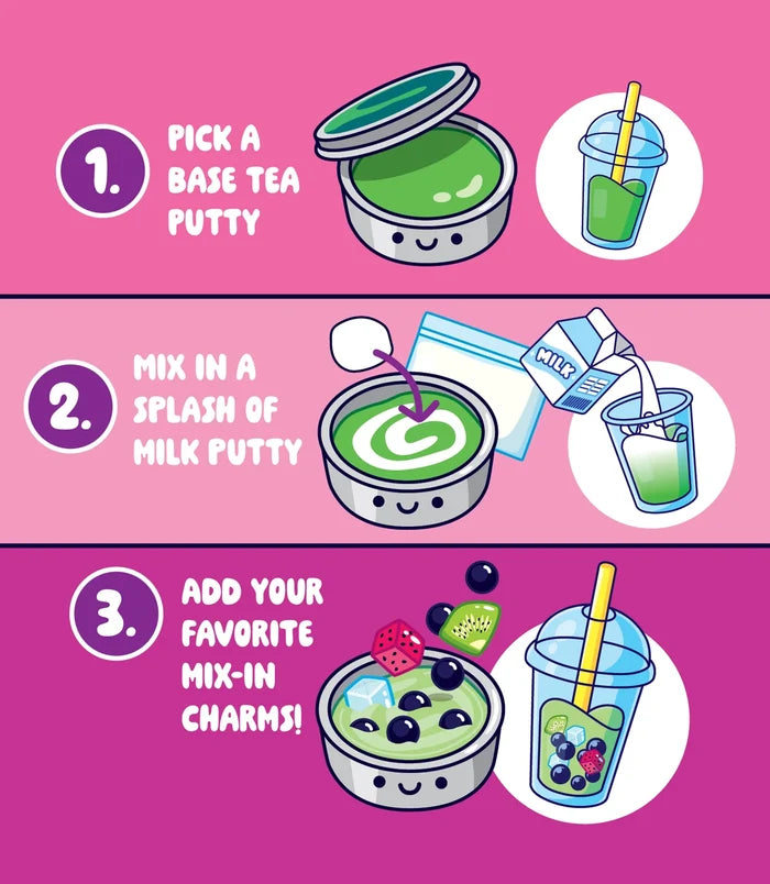 Cartoon guide: 1. Pick green base tea putty; 2. Mix in white milk putty; 3. Add fruit and dice charms.