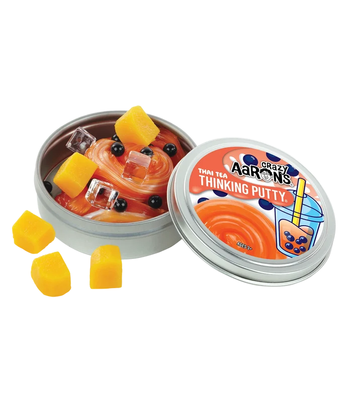 Tin of orange swirled putty with black boba beads, clear ice cubes, and yellow fruit chunks inside and out.