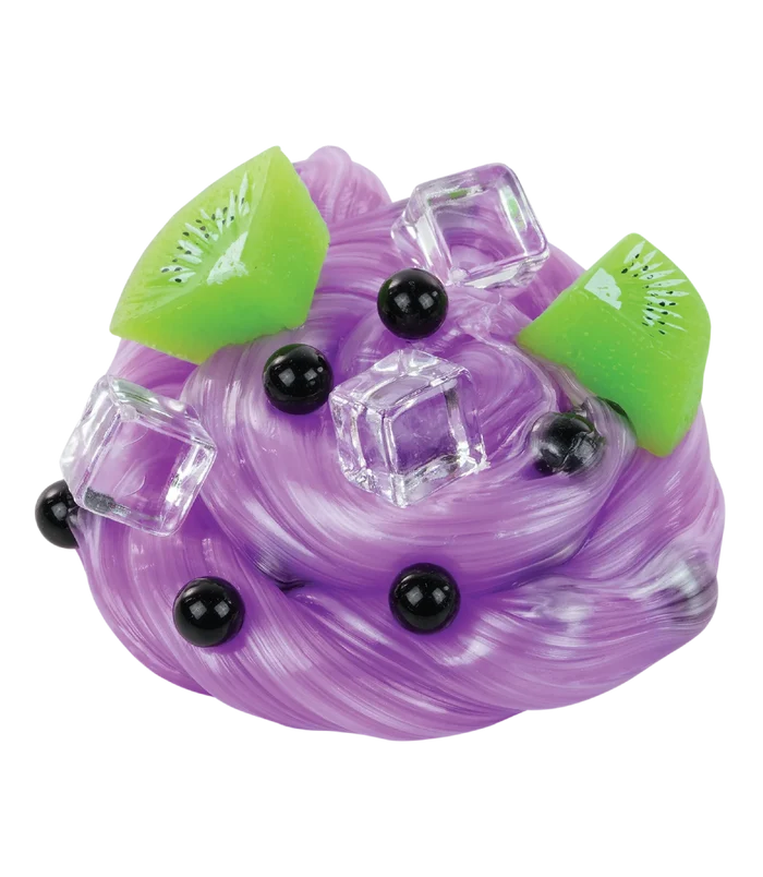 Swirled purple putty decorated with miniature green kiwi slices, clear ice cubes, and black boba pearl charms.