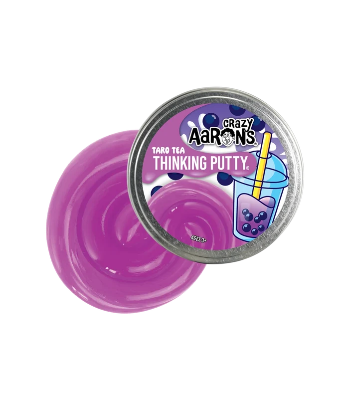 Glossy swirl of purple putty next to a silver tin featuring a boba tea graphic and Crazy Aaron's Taro Tea label.