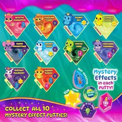 Graphic showing 10 colorful putty varieties with cartoon animals, rarity labels, and mystery effect icons.
