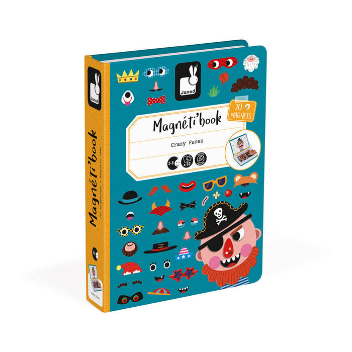 Teal book-style toy box decorated with various colorful facial feature magnets and a large pirate face illustration.