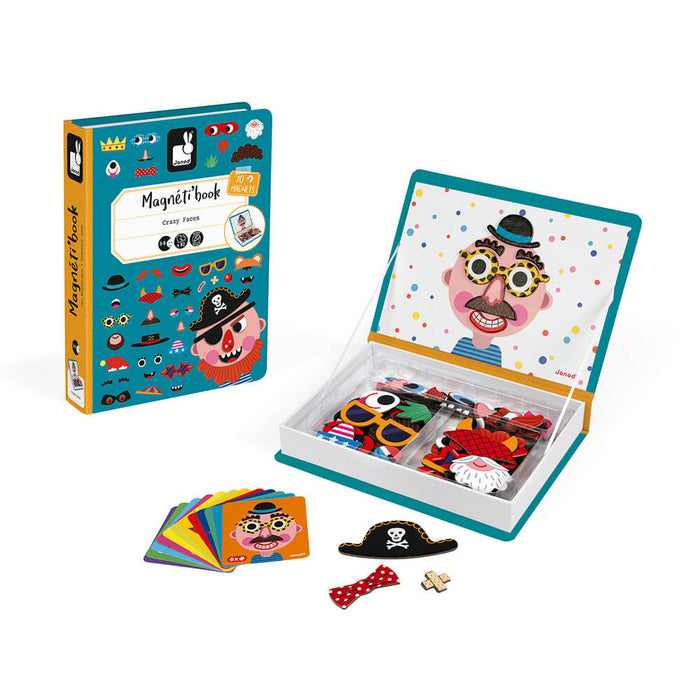 Teal book-shaped magnetic toy open with facial feature pieces, cards, and a silly character on the inside lid.