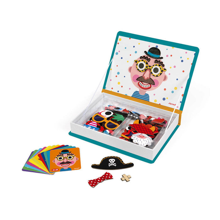 Blue magnetic book toy open to show a silly face workspace, magnetic accessories, and character inspiration cards.