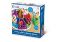 Packaging for a rotating desk carousel with eight colorful wedge bins and a central cup on a white circular base.