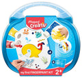 Blue plastic carrying case featuring paint tubes, ocean-themed drawings, and a child finger painting.