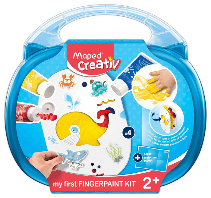 Blue plastic carrying case featuring paint tubes, ocean-themed drawings, and a child finger painting.