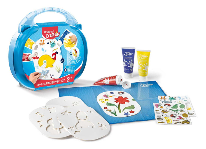 Blue carrying case with red, yellow, and blue paint tubes, white plastic stencils, and colorful sticker sheets.