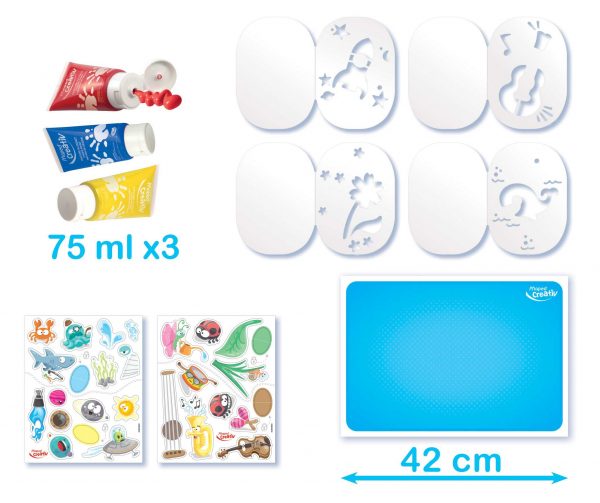 Set includes 3 paint tubes (red, blue, yellow), 4 stencil cards, 2 sticker sheets, and a large blue 42cm activity mat.